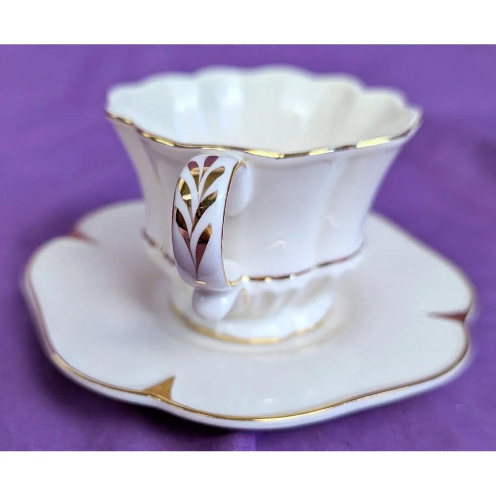 Olympia Ribbed Tea Cup and Flower Shaped Saucer White With Gold Trim NIB